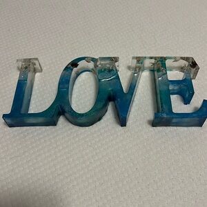 Beach LOVE shelf sitter home deco with sand, shells and starfish 8”